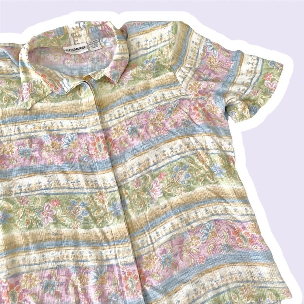 Vintage Pastel Shirt Striped Shoulder Pad 80s Floral L Grandmacore Fairy Kei Top